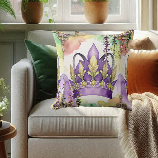 Almofada Mardi Gras Purple Crown Green & Dourada Watercolor
