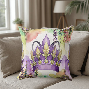 Almofada Mardi Gras Roxo Coroa Verde & Dourado Aquarela