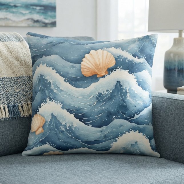 Almofada Marés Costeiras Conchas de Leques de Água Pintura  (Coastal Tides Sea-fan Shells Watercolor Foam Beach Throw Pillow)