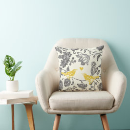 Almofada Marfim e Cinza Amarelo Flores Florais Amor Pássaro