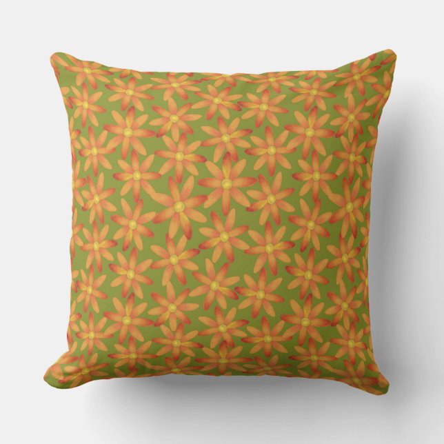 Almofada Margarida Floral Retro Sunburst em Oliva Dourada (Frente)