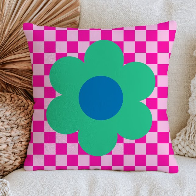 Almofada Margarida Verde em Padrão Xadrez Rosa Retro (Criador carregado)