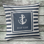 Almofada Marinho Azul, Banho Náutico Ancorado com Faixa Náu<br><div class="desc">Design náutica com âncora,  riscas azuis e brancas de marinho na moda e personalizadas com o nome do barco. Projetado por Thisnotme©</div>