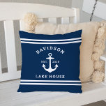 Almofada Marinho Azul - Casa da Família Personalizada<br><div class="desc">O travesseiro decorativo "Lake House" de velo náutico apresenta uma âncora e listras design. Personalize o texto personalizado com um sobrenome familiar   casa do lago (ou outro título) com o ano estabelecido. Esquema de cores azul e branco do marinho clássico. Tecidos para travesseiros interiores e exteriores disponíveis.</div>