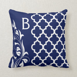 Almofada Marinho Azul e Branco Quatrefoil Monograma Floral