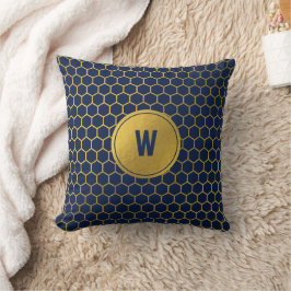 Almofada Marinho Azul e Hexágono Dourado Monograma Padrão