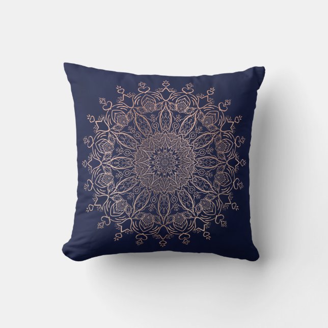 Almofada Marinho azul e Rosa Dourado Mandala Boho (Frente)