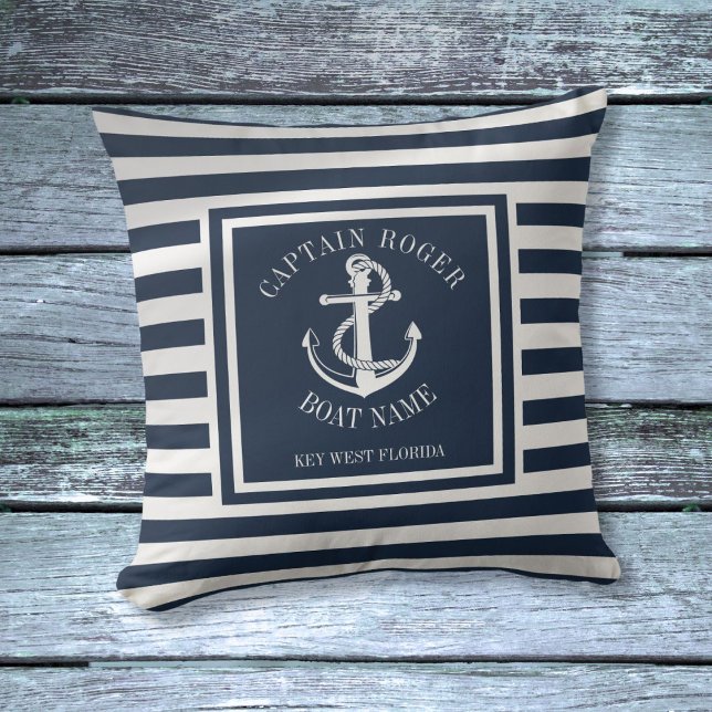 Almofada Marinho Azul Personalizado Capitão Âncora Náutica (Navy Blue Personalized Captain Nautical Anchor Throw Pillow)