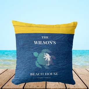 Almofada Marinho Azul Rústica, Turtle Family Beach House