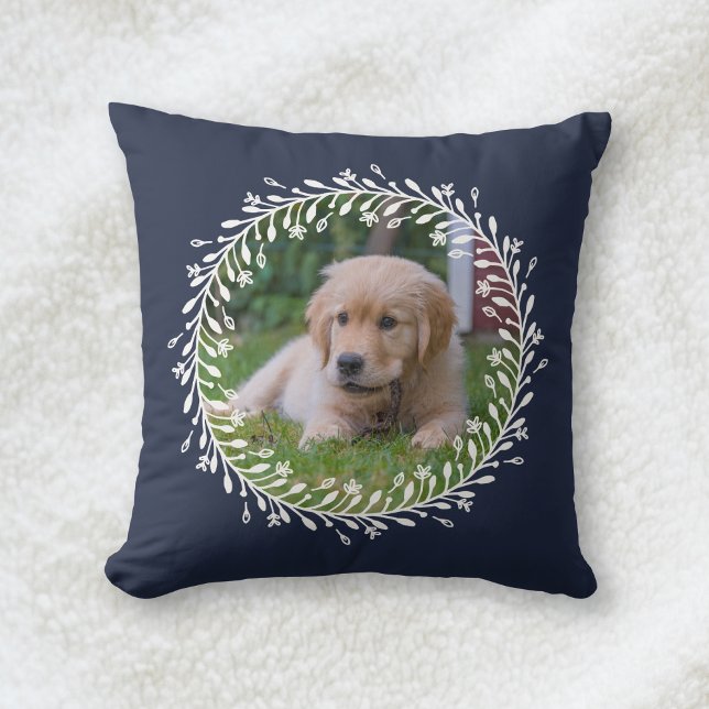 Almofada Marinho Blue Floral Wreath Puppy Dog Foto (Criador carregado)