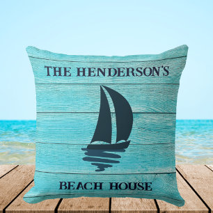 Almofada Marinho Blue Sailing Boat Family Name Beach House