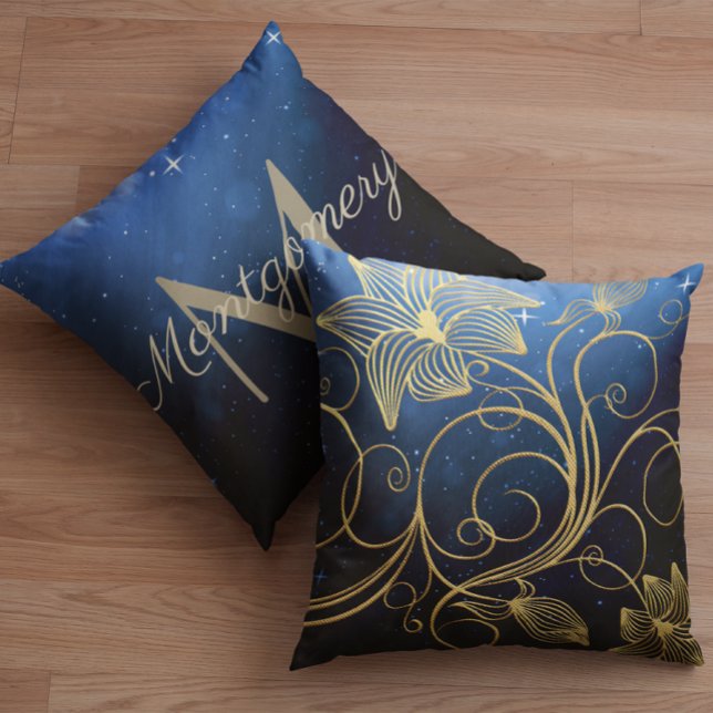Almofada Marinho Blue Starry Galaxy Dourado Floral Monogram (Criador carregado)