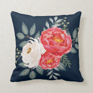 Almofada Marinho botânico, vermelho & marfim florais