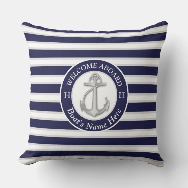 Almofada Marinho Branco Blue Stripe Boat Name Anchor Welcom (Frente)