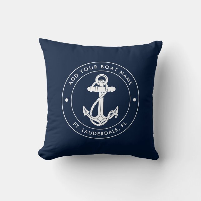 Almofada Marinho de Âncora Náutica Azul Nome do Capitão Boa (Frente)