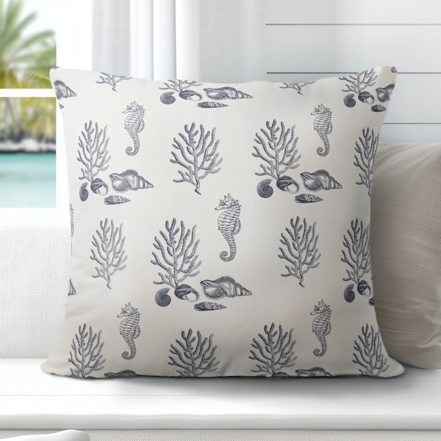 Almofada Marinho de Coral Cavalo Tropical Azul Branco (Discover Gorgeous Coastal Throw Pillows by Totally Coast)