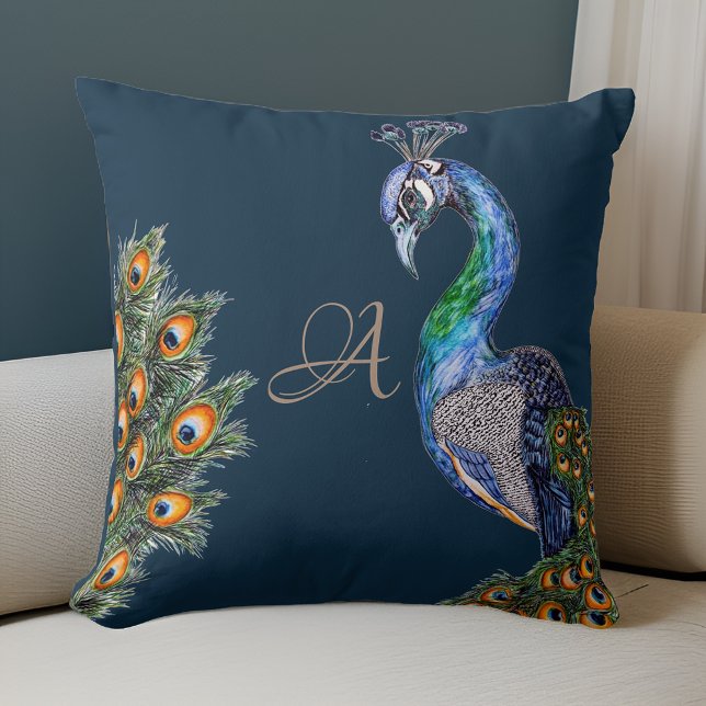 Almofada Marinho de Monograma de Peacock de Aquarela Elegan (Criador carregado)