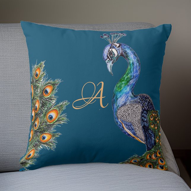 Almofada Marinho de Monograma de Peacock de Aquarela Elegan (Criador carregado)