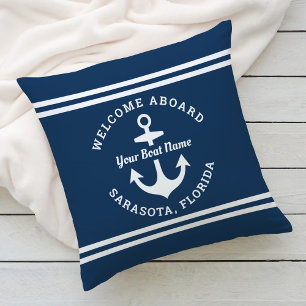 Almofada Marinho Náutico Azul, Boas-vindas a bordo Anchor d
