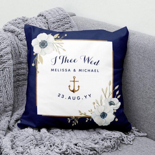 Almofada Marinho náutico e barbeador anelar branco (Nautical Wedding Ring Bearer Keepsake Pillow with Watercolor White Anemone Flowers and Anchor)