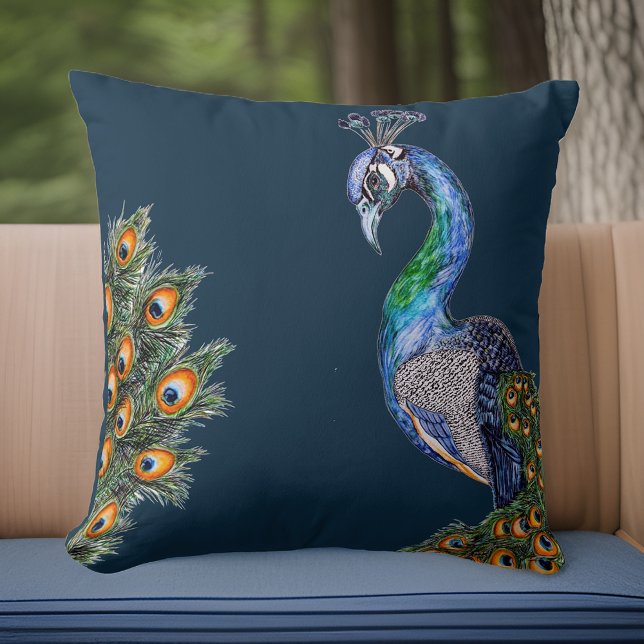 Almofada Marinho Peacock de Aquarela Elegante (Criador carregado)