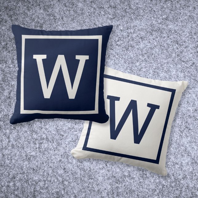 Almofada Marinho Simples Moderno Azul (Modern Simple Monogram Navy Blue Throw Pillow)
