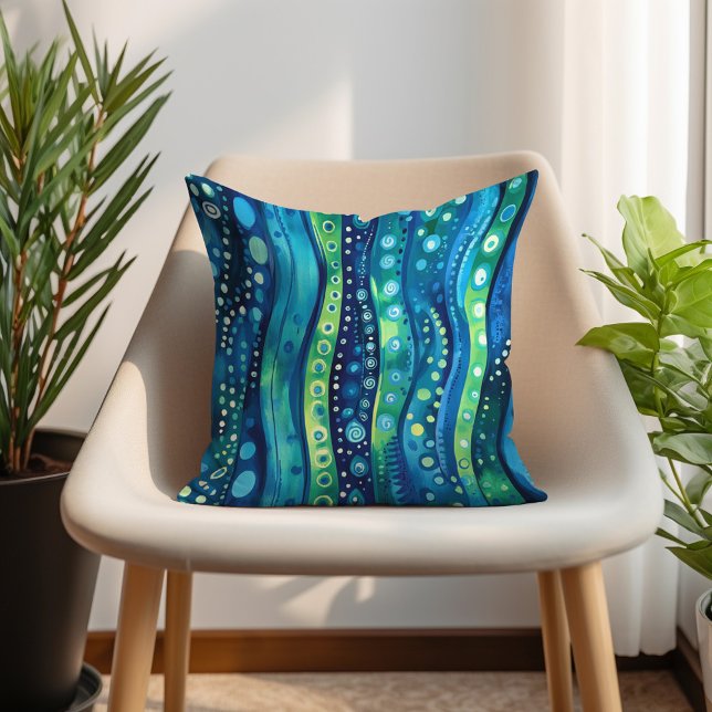 Almofada Marinho Teal Bohemian Wavy Strike (Navy Teal Lime Bohemian Wavy Striped Throw Pillow)