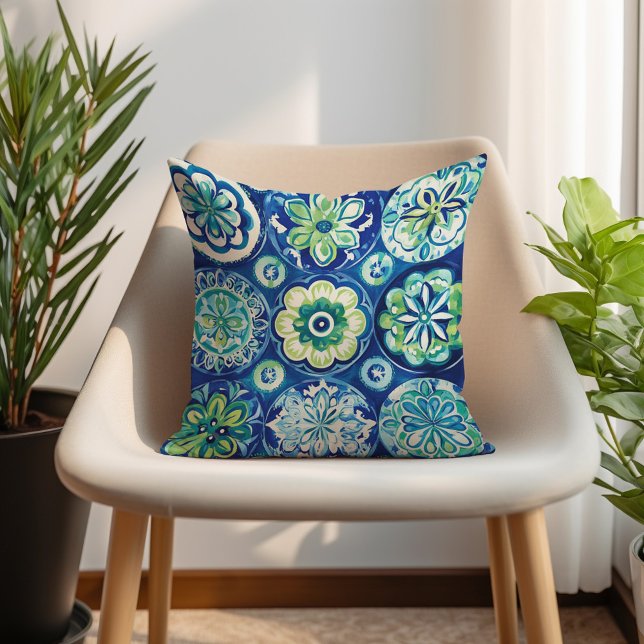 Almofada Marinho Verde Turquoise Boho Floral (Navy Green Turquoise Boho Floral Throw Pillow)