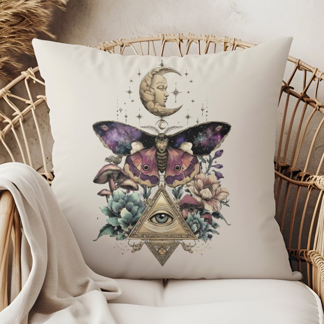 Almofada Mariposa da Visão do Luar – Lunar Celestial  (Moonlight Vision Moth – Celestial Lunar Throw Pillow in a boho rattan armchair)