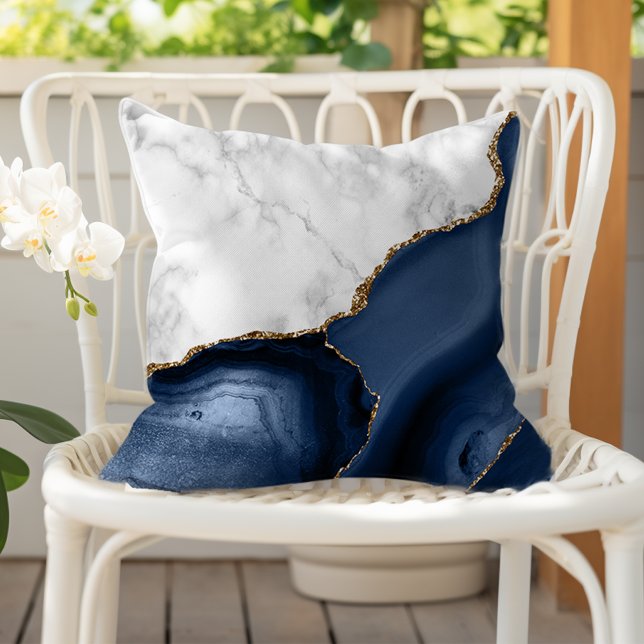 Almofada Mármore Branco Ágata Azul-Marinho Dourada (Criador carregado)