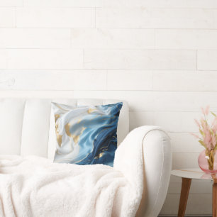 Almofada Mármore Branco Azul com Dourado Olho de Seda