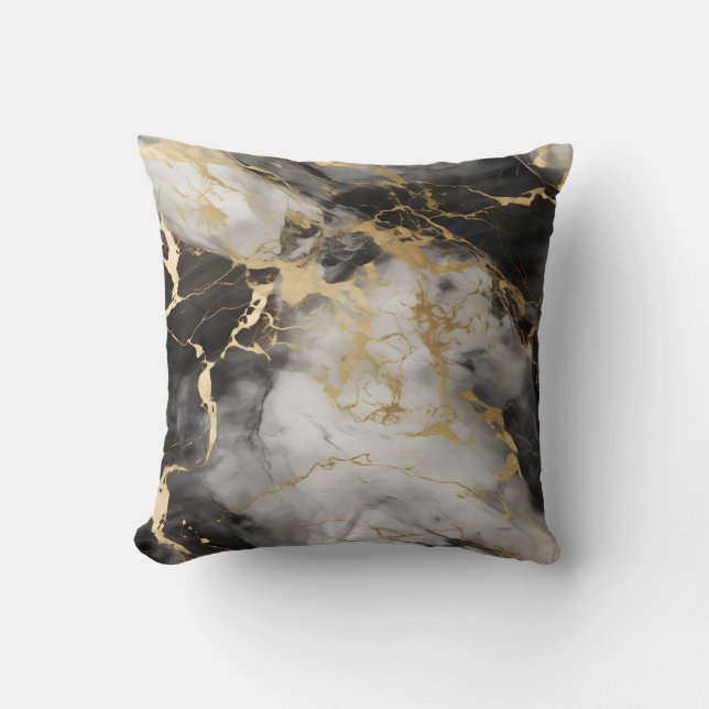 Almofada Mármore branco, Dourado e negro de luxo elegante (Frente)