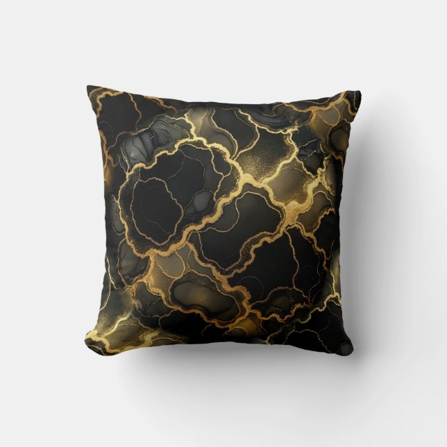 Almofada Mármore Moderno Preto + Luxo Dourado  (Frente)