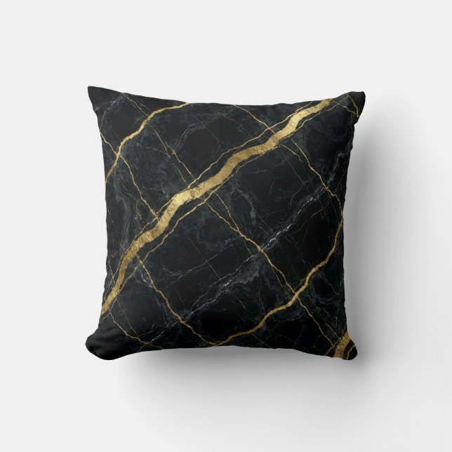 Almofada Mármore Moderno Preto + Luxo Dourado  (Frente)