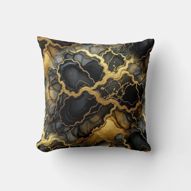 Almofada Mármore Moderno Preto + Luxo Dourado  (Frente)