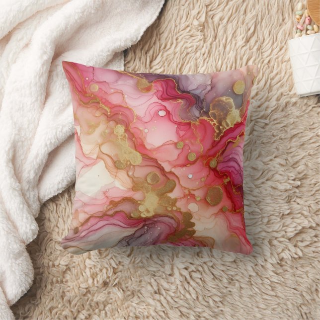Almofada Mármore Moderno Rosa + Luxo Ouro Tinta Álcool (Cobertor)