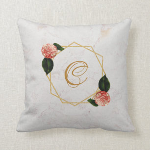 Almofada Mármore Monograma Dourado Camélia Rosa Geometria F