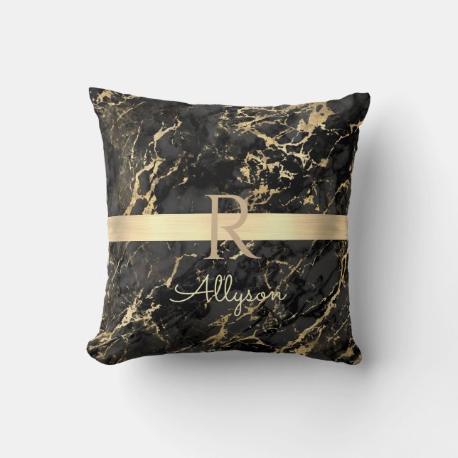 Almofada Mármore Preto e Dourado, Barra Dourada, Nome e Mon (Frente)