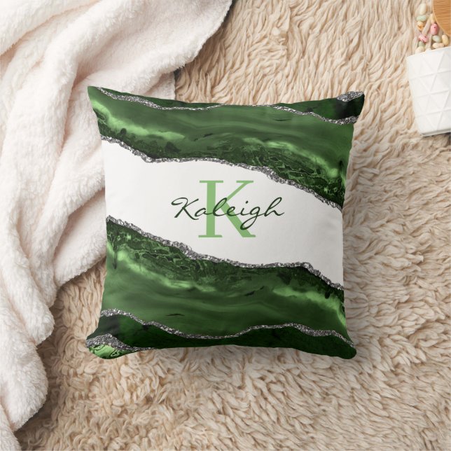 Almofada Mármore Verde Elegante Monograma Brilho Prata (Cobertor)