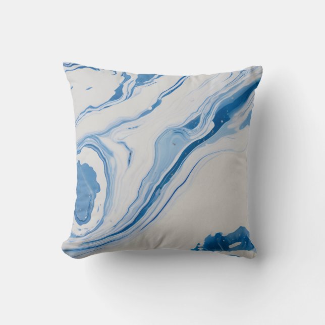 Almofada Marmorização Azul e Branco – Arte Abstrata Fluida (Frente)