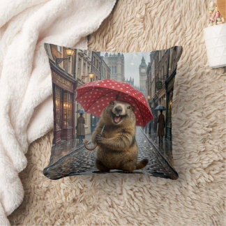 Almofada Marmota Fofa com Guarda-Chuva de Bolinhas Vermelha