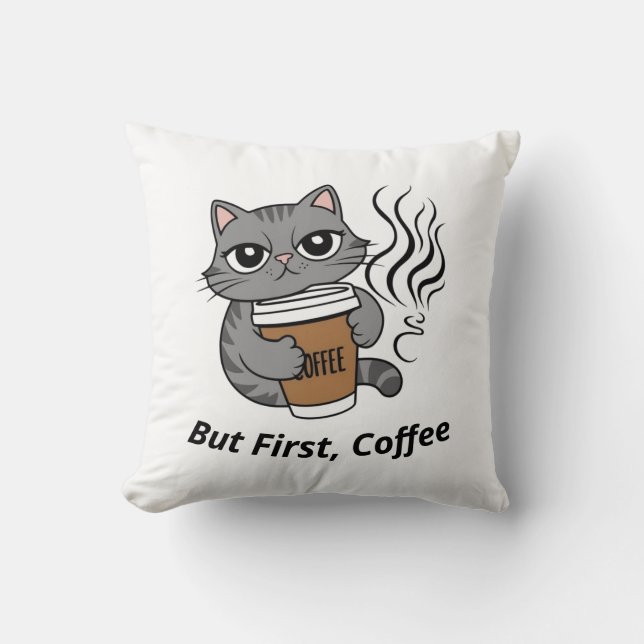 Almofada Mas primeiro, café - personalizado do Cat Lover (Frente)