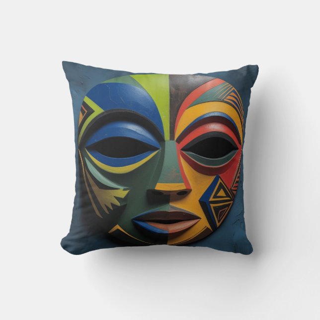 Almofada Máscara Tribal Africana Cubismo Abstrato (Frente)