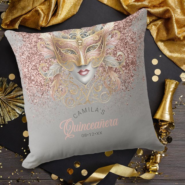Almofada Mascarada Motif Quinceanera Rosa Dourado V2 ID1031 (Criador carregado)