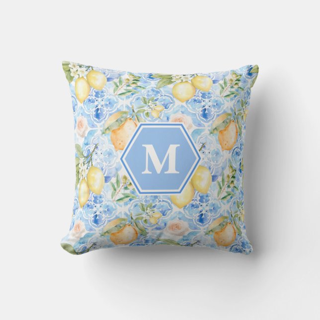 Almofada Mediterranean Blue Tile Limoncello Monogram Name (Frente)