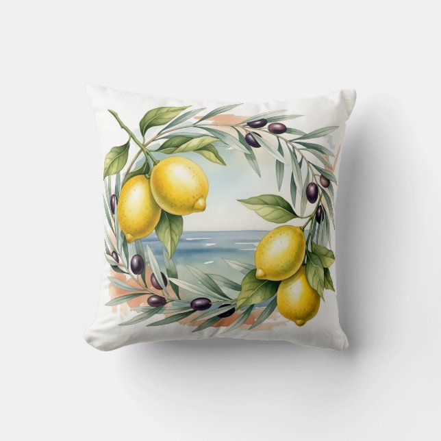 Almofada Mediterranean Lemon and Olive Branch Watercolor  (Frente)