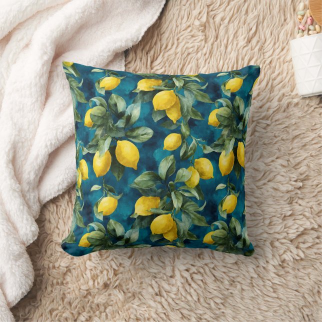 Almofada Mediterranean Lemon Watercolor Blue Yellow Pattern (Cobertor)