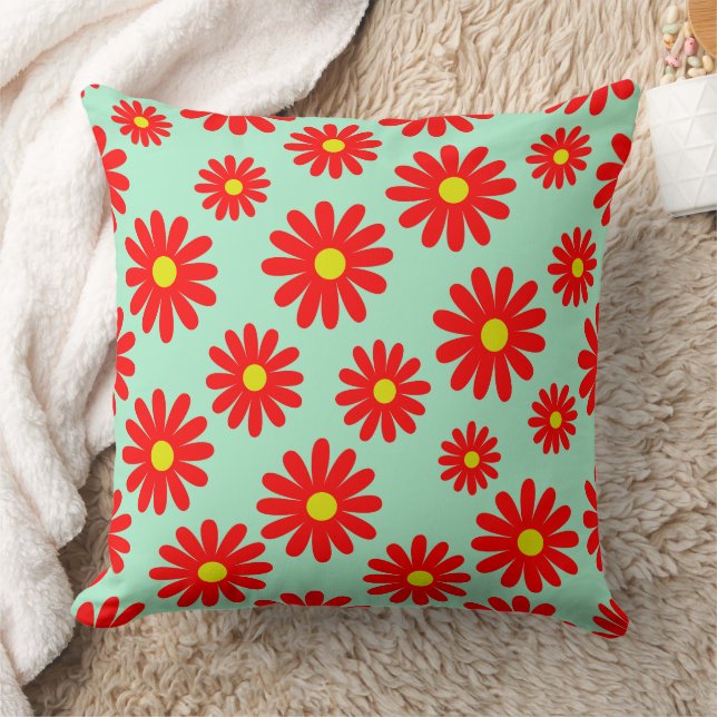 Almofada meio século moderno daisies floral vermelho (Cobertor)