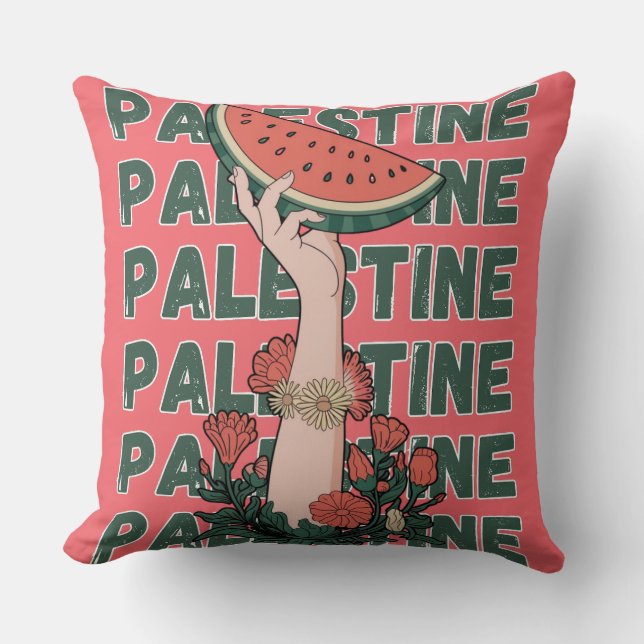 Almofada melancia, flores e texto palestino Repetir (Frente)