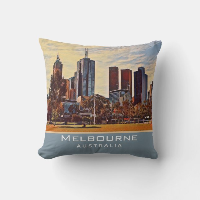 Almofada Melbourne Austrália Skyline Watercolor Art (Frente)